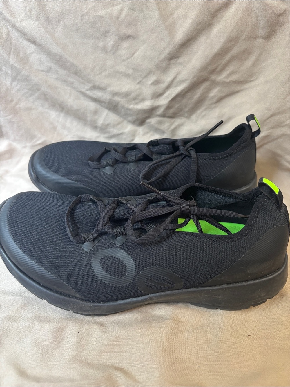 OOFOS Black Athletic Slip-On Sneakers with Neon Green Accents
